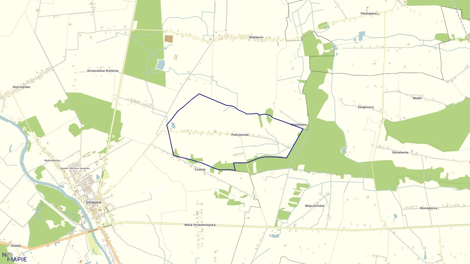 Mapa obrębu FELICJANÓW w gminie Uniejów